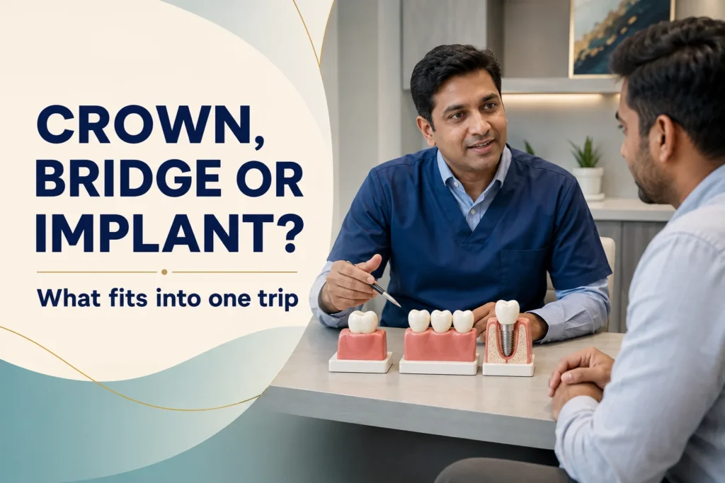 Dentist comparing a dental crown, bridge and implant for an NRI patient